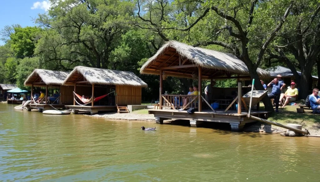 Tiki huts at Son's Island on the Guadalupe River in Seguin Texas