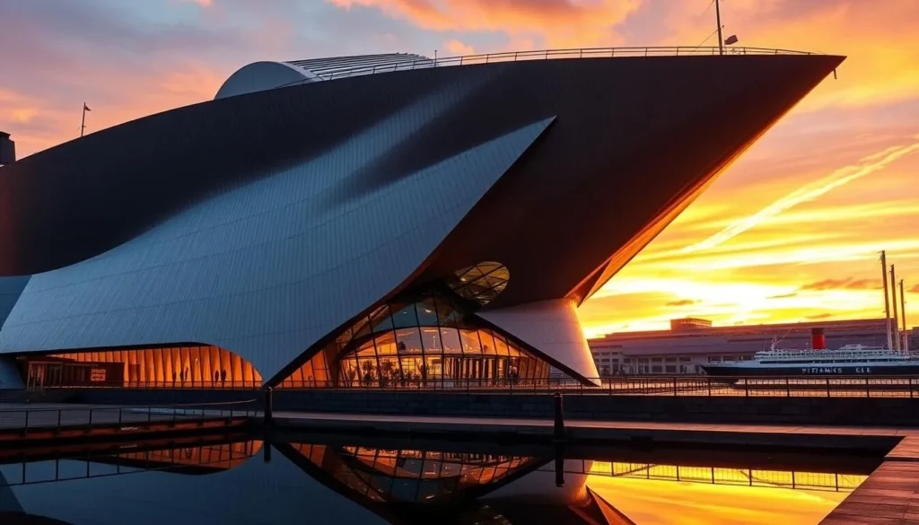 Titanic Belfast museum exterior with its distinctive angular architecture reflecting in water Titanic Belfast museum exterior with its distinctive angular architecture reflecting in water