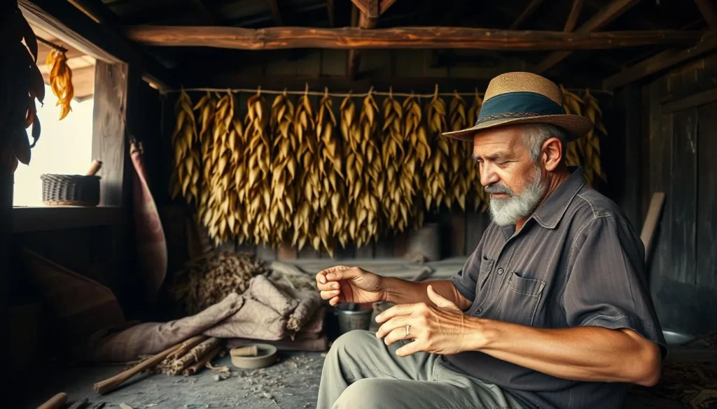 Tobacco farmer demonstrating traditional cigar rolling in Consolacion del Sur