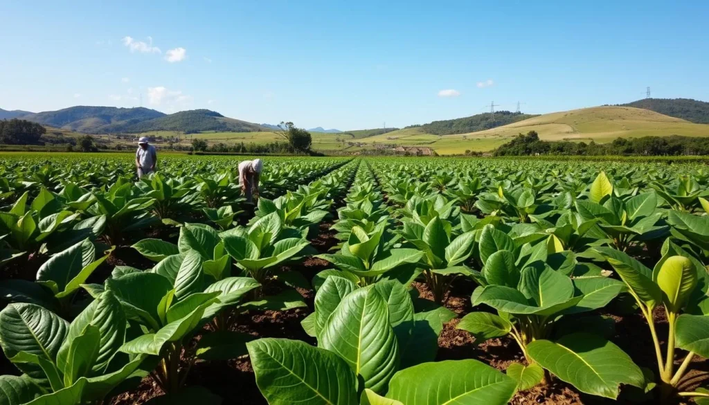 Tobacco fields near Bauta, Cuba with farmers working