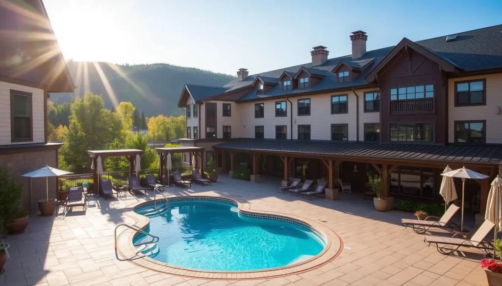 Topnotch Resort & Spa near Stowe Mountain Resort with pool and mountain backdrop Topnotch Resort & Spa near Stowe Mountain Resort with pool and mountain backdrop