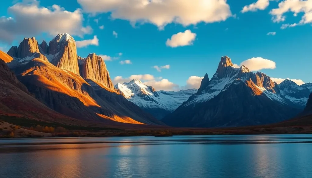 Torres del Paine in autumn with golden foliage, snow-dusted mountains, and calm lakes reflecting the scenery