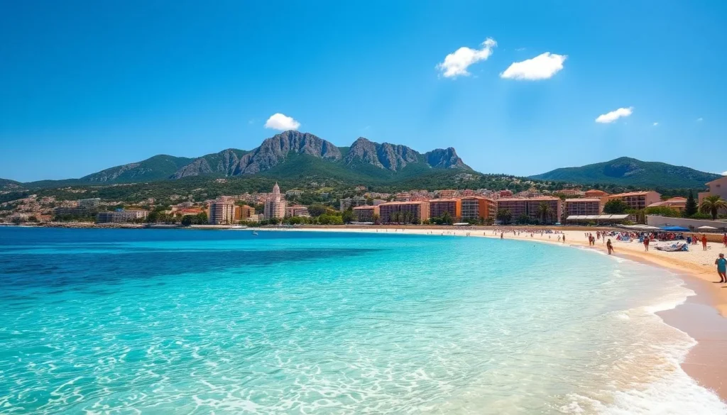 Toulon beach scene with clear blue water and mountains in summer