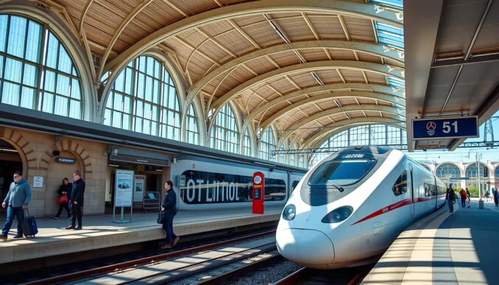 Toulon train station with TGV high-speed train and travelers