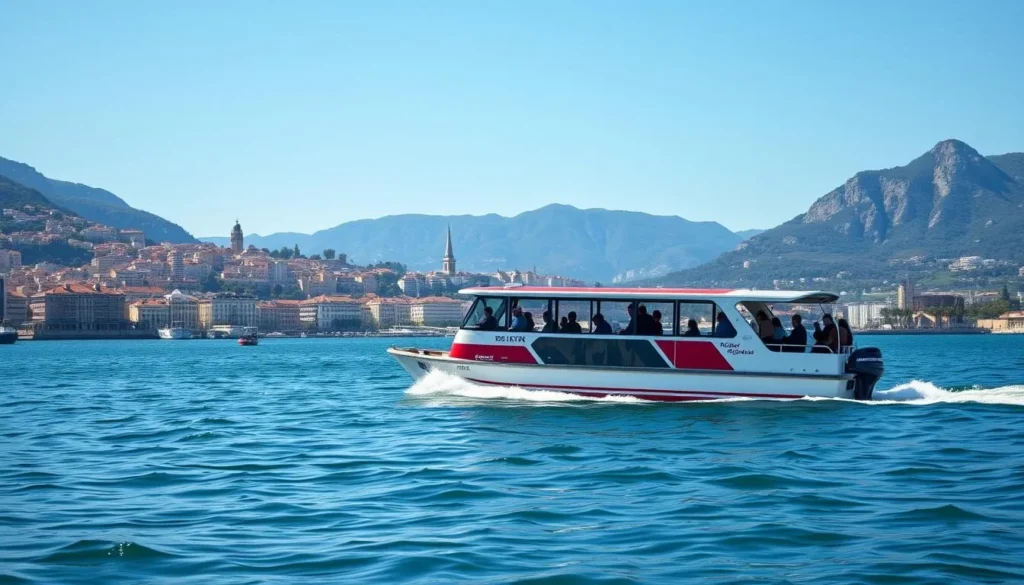 Toulon's boat shuttle crossing the harbor with city view in background
