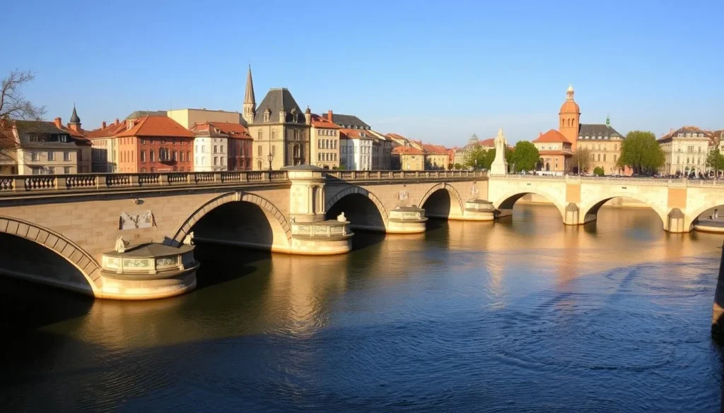 Toulouse France best time to visit - Pont Neuf bridge over Garonne River with pink buildings in spring sunshine