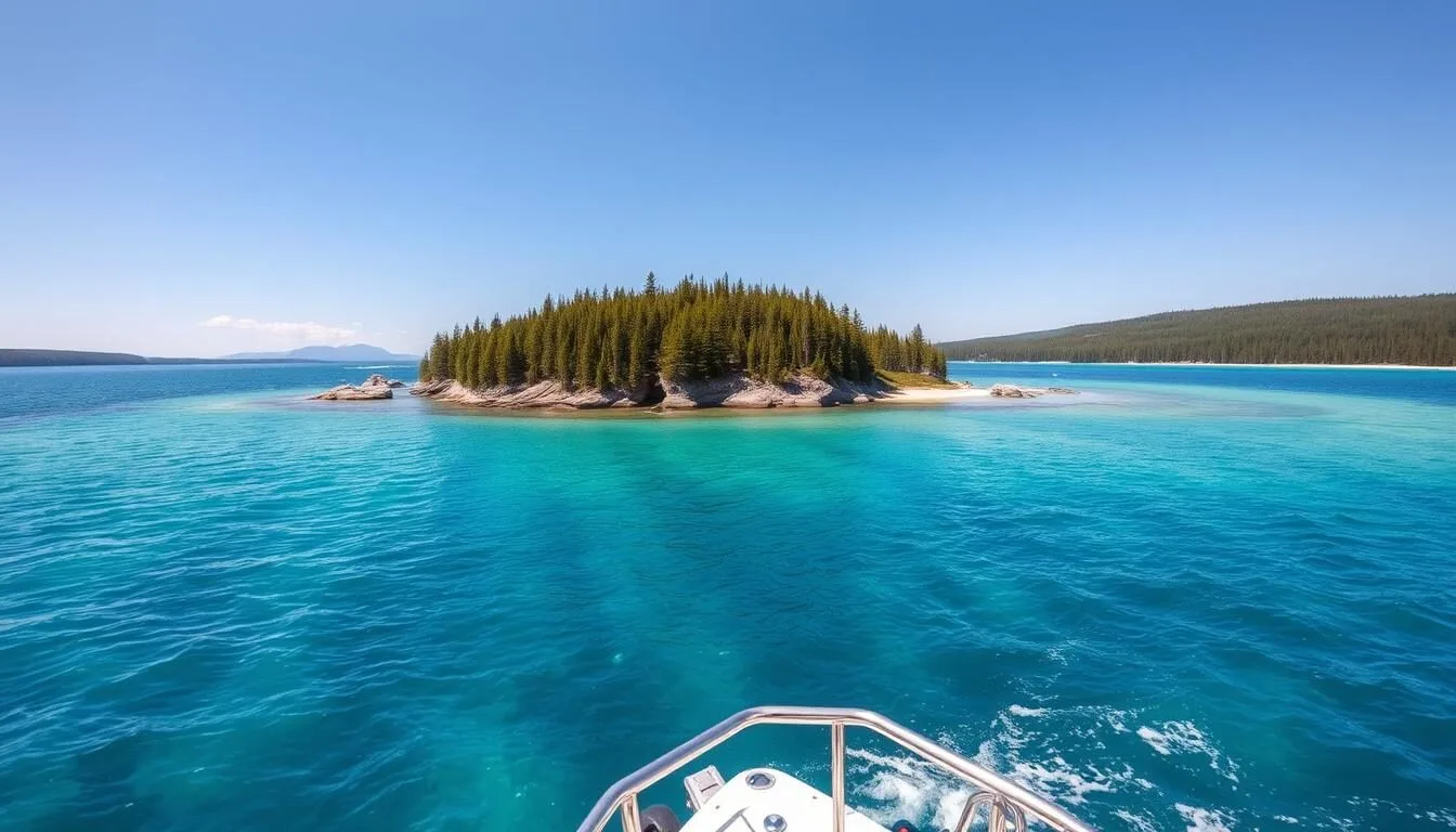 Tour boat approaching Flowerpot Island, Ontario with crystal clear blue waters and forested shoreline