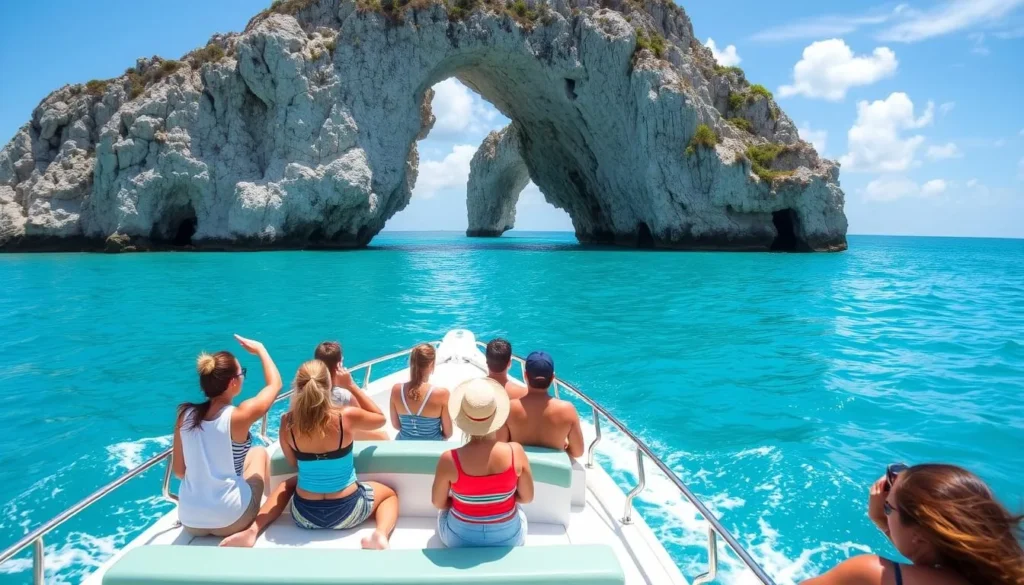 Tour boat approaching Hell's Gate Island with tourists ready to explore the natural formations Tour boat approaching Hell's Gate Island with tourists ready to explore the natural formations
