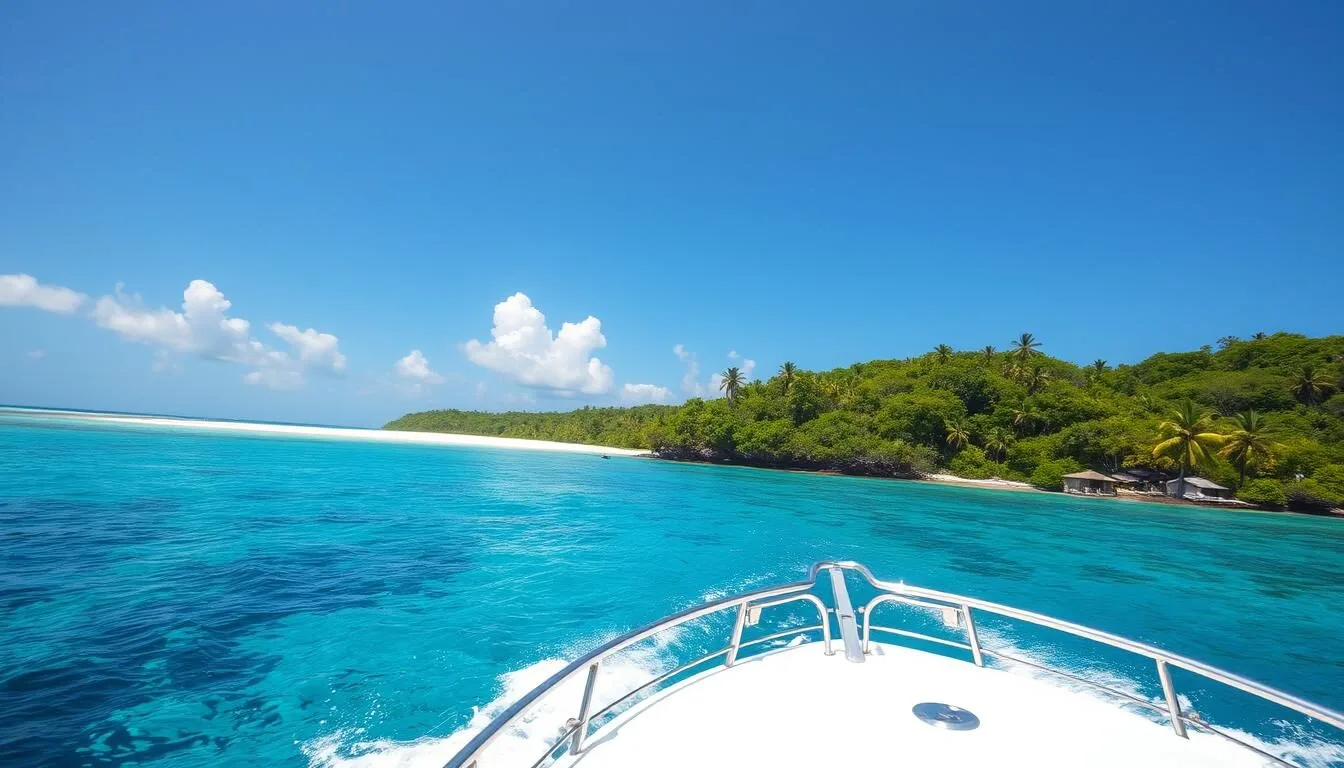 Tour boat approaching Isla Contoy with turquoise waters and white sand beach visible