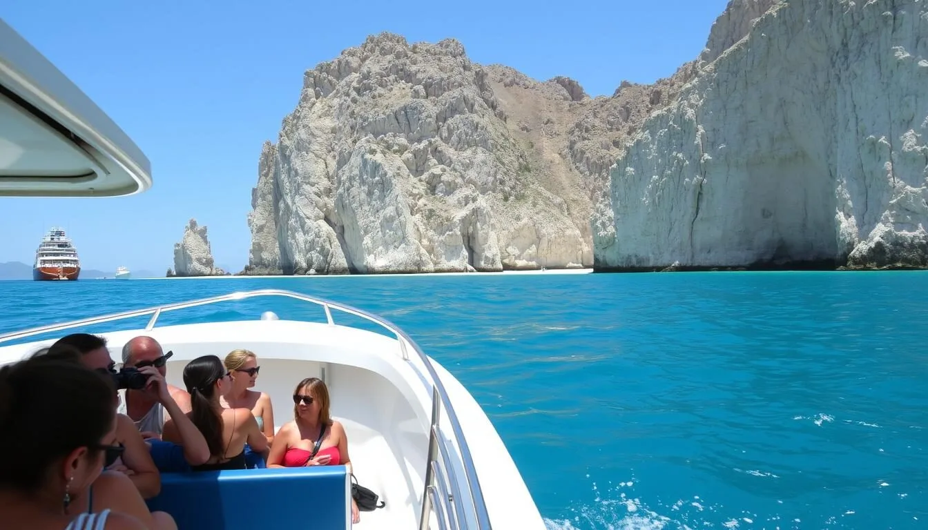 Tour-boat-approaching-Isla-San-Pedro-Nolasco-with-tourists-ready-for-a-day-of-adventure Tour boat approaching Isla San Pedro Nolasco with tourists ready for a day of adventure