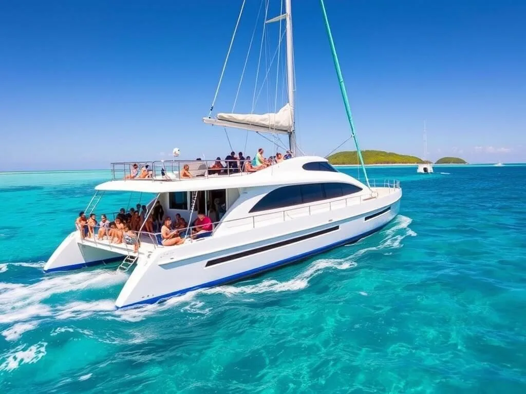 Tour boat approaching Lady Musgrave Island with passengers ready for a day of activities