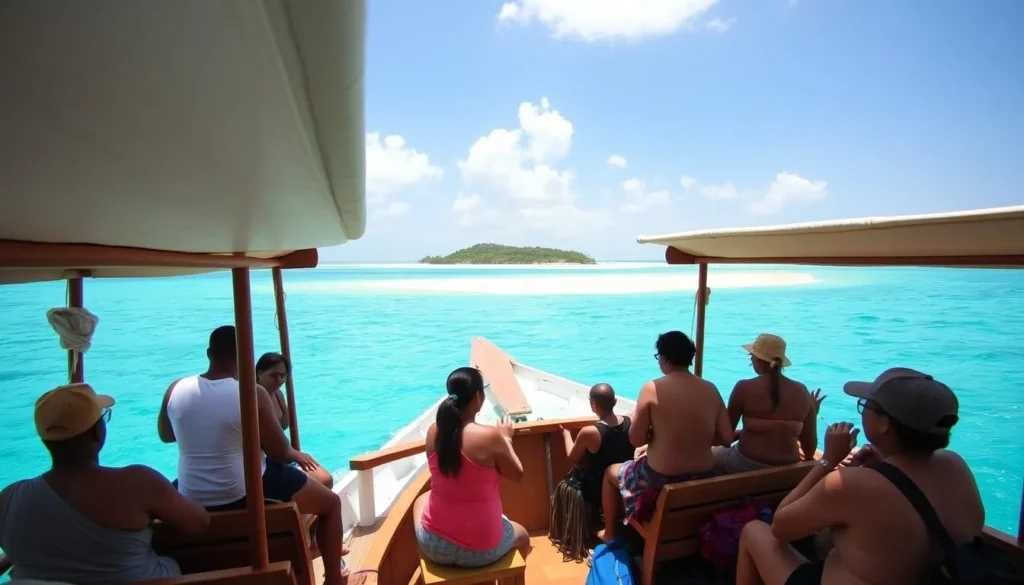 Tour boat approaching Nosy Tanikely National Park Madagascar with tourists Tour boat approaching Nosy Tanikely National Park Madagascar with tourists