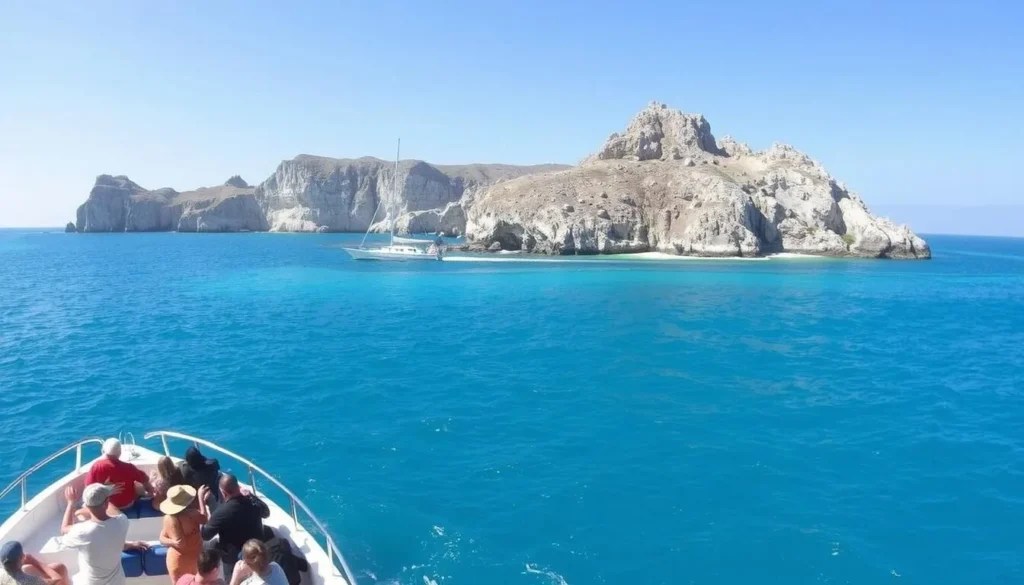 Tour boat circling Isla San Pedro Nolasco showing its dramatic coastline Tour boat circling Isla San Pedro Nolasco showing its dramatic coastline