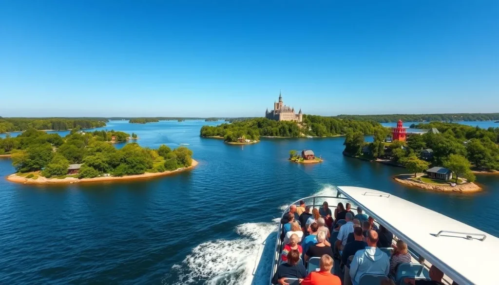 Tour boat cruising through the Thousand Islands near Gananoque