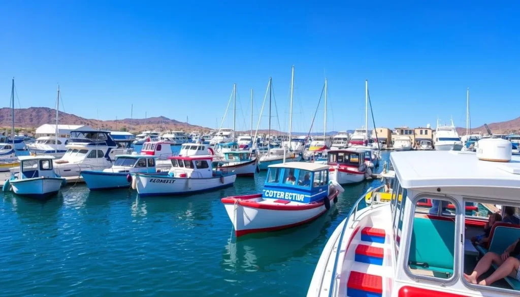 Tour boats docked at Loreto marina ready to take visitors to Bahia de Loreto National Park