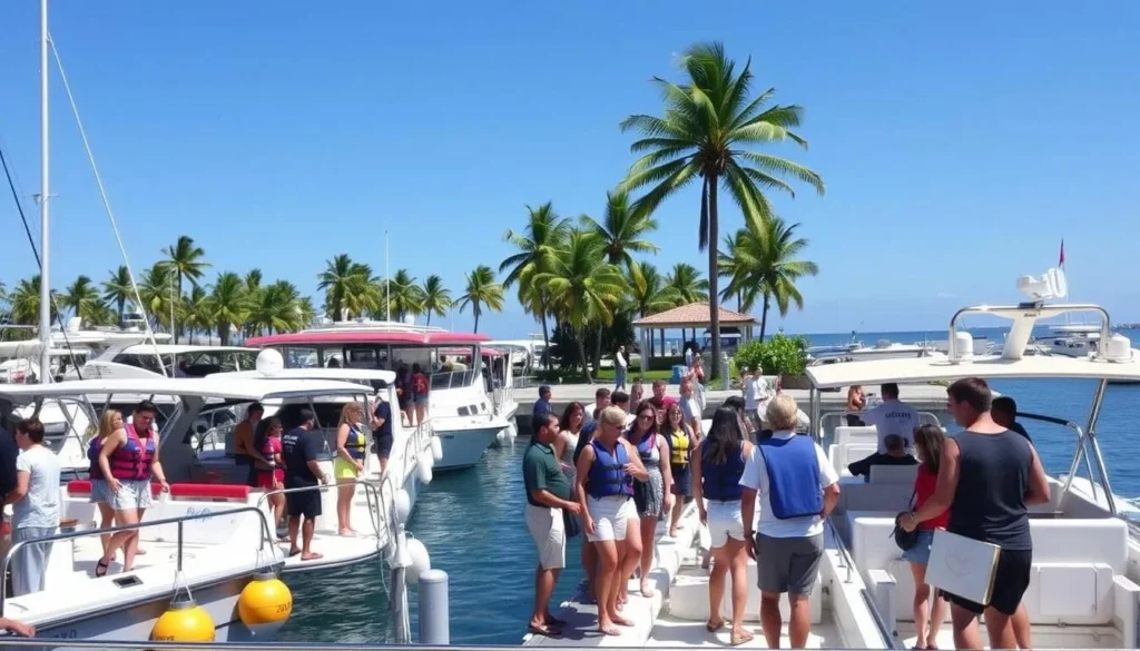 Tour departure point at Marina Vallarta with boats ready to take tourists to Isla Marietas, Mexico