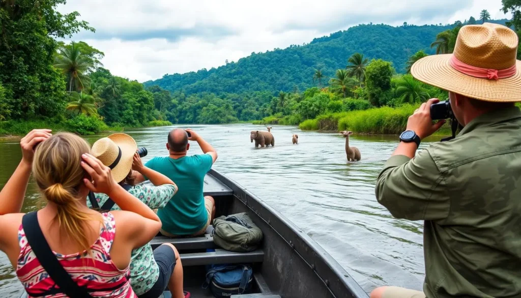 Tour group observing wildlife from a boat on a river in Madidi National Park