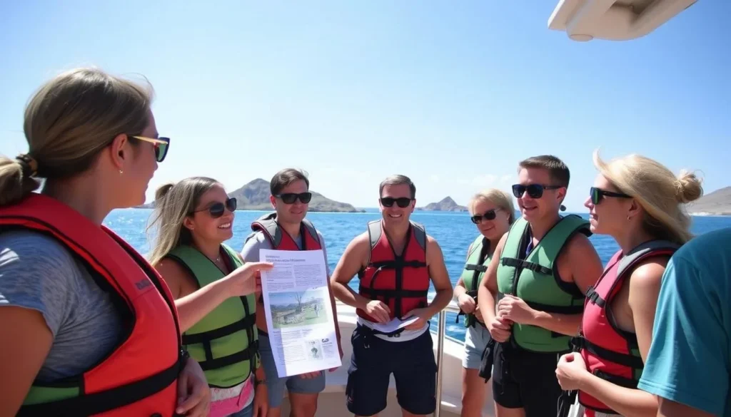 Tour guide explaining conservation rules to visitors before exploring Isla Marietas, Mexico