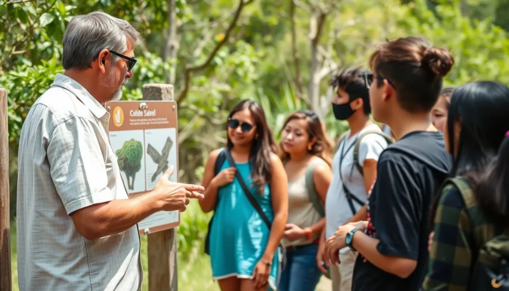 Tour guide explaining conservation rules to visitors on Isla Isabel
