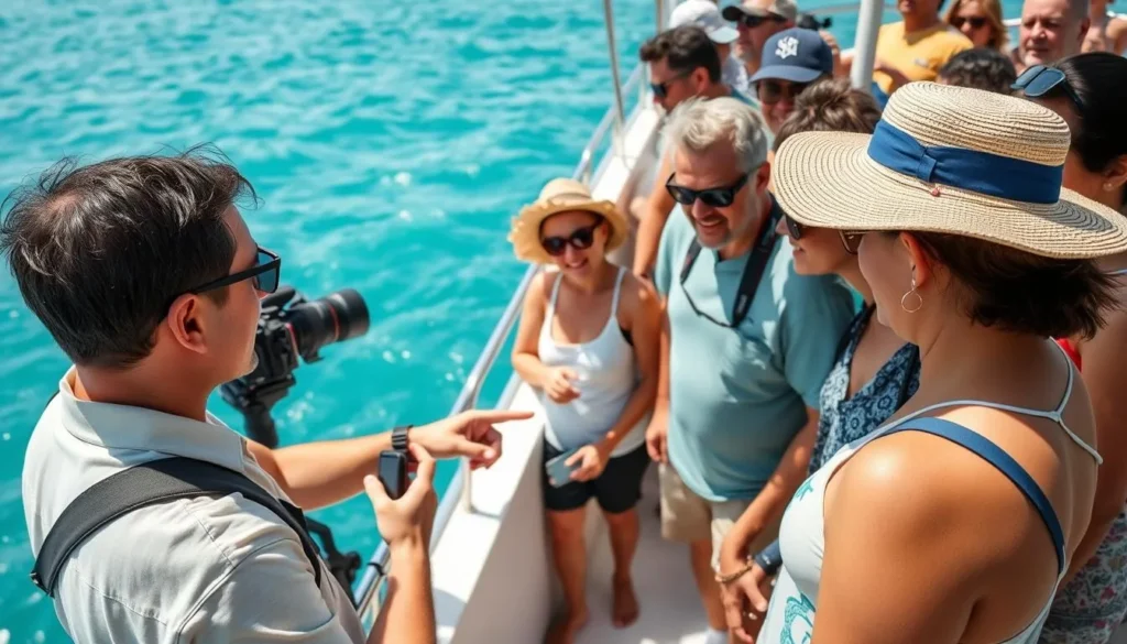 Tour guide explaining marine life to tourists on boat near Isla Partida, Mexico