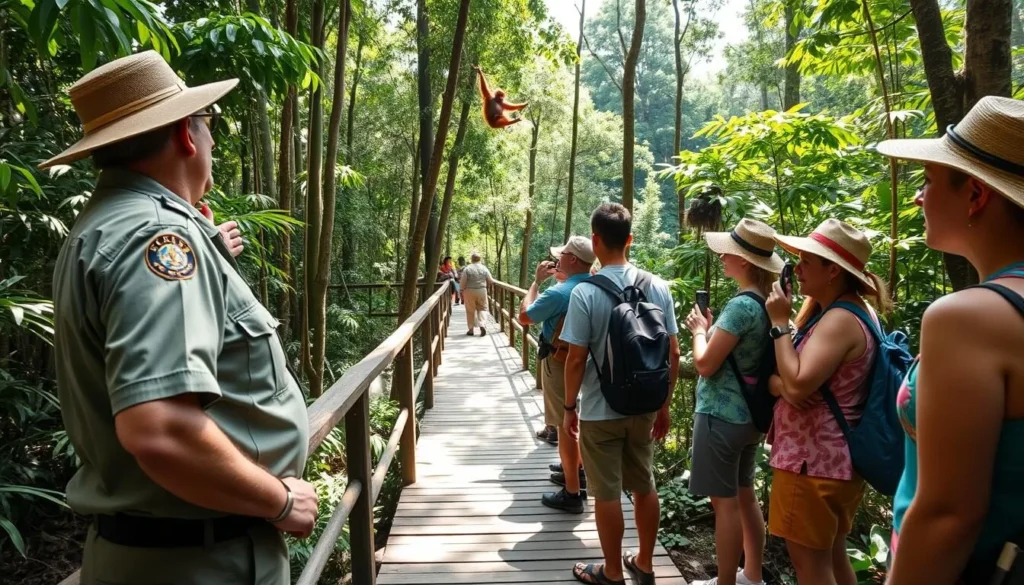 Tour guide explaining orangutan behavior to tourists at Camp Leakey in Tanjung Puting