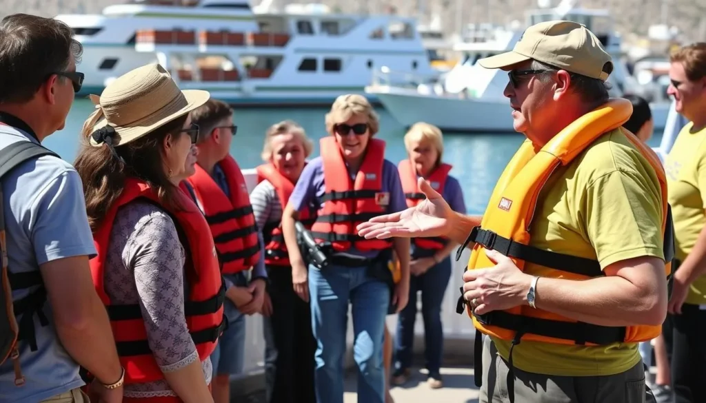 Tour guide explaining safety procedures to a diverse group of tourists before boarding a boat to Isla Todos Santos