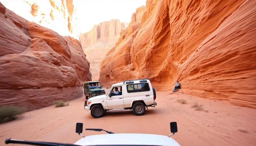 Tour vehicle driving through the red canyon walls of Talampaya National Park Tour vehicle driving through the red canyon walls of Talampaya National Park