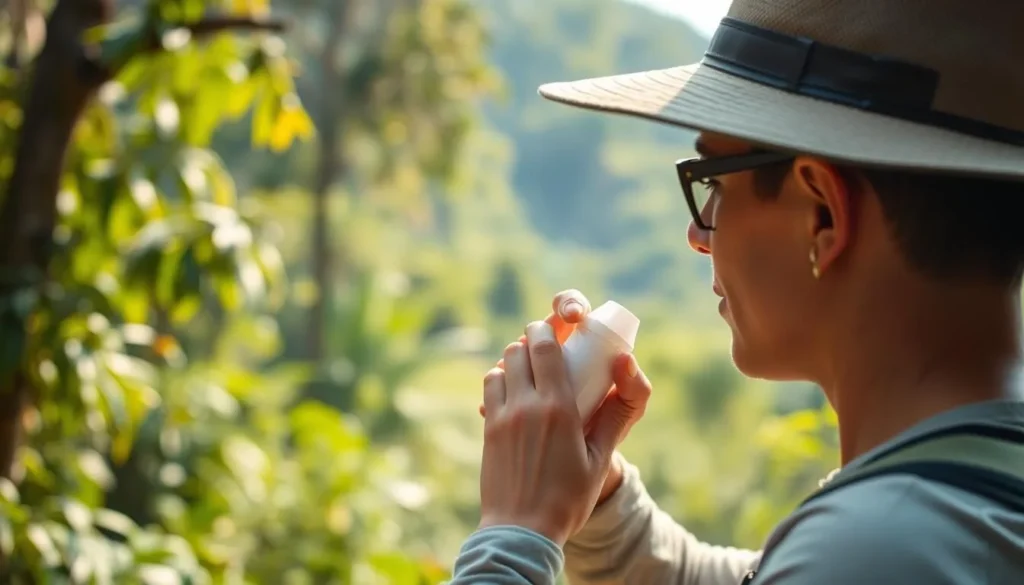 Tourist applying mosquito repellent before jungle trek in Rurrenabaque