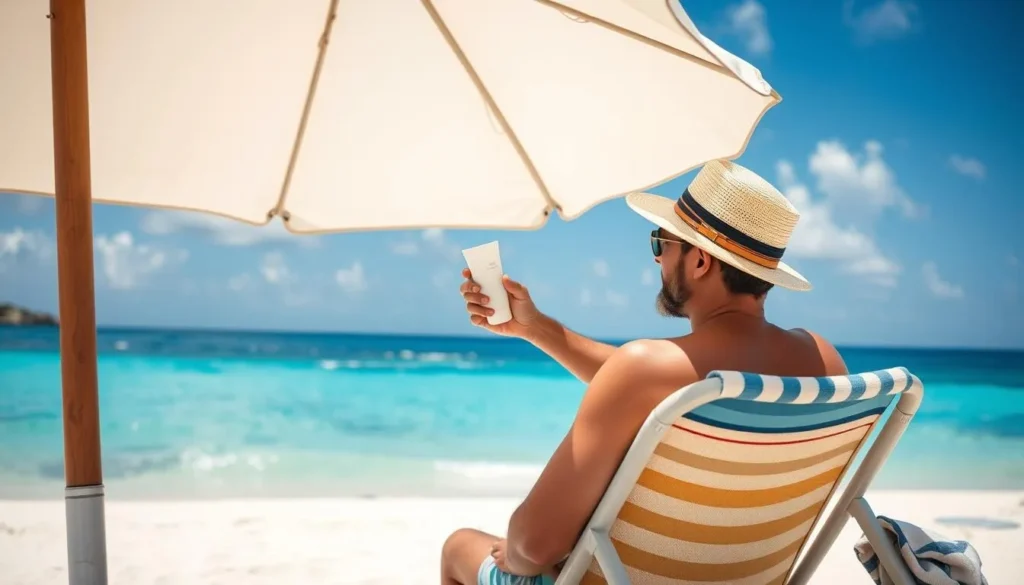 Tourist applying sunscreen while sitting on Meads Bay beach