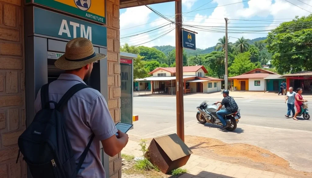 Tourist at an ATM in Rurrenabaque town center preparing for a jungle tour