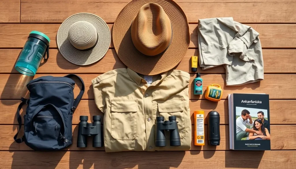 Tourist backpack with essential items for visiting Ankarafantsika National Park