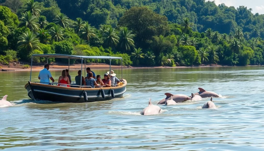 Tourist boat observing pink river dolphins in the Yacuma River near Rurrenabaque