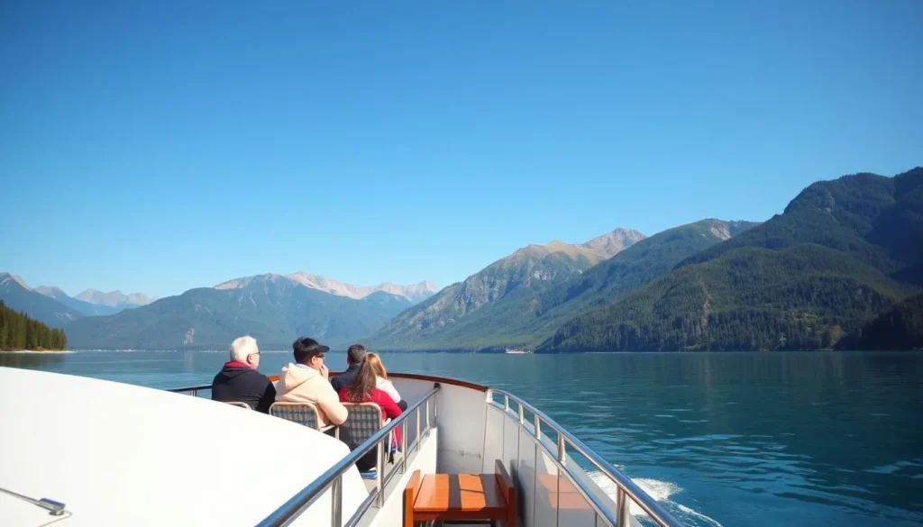 Tourist boat on Lake Altai with passengers enjoying the mountain scenery Tourist boat on Lake Altai with passengers enjoying the mountain scenery