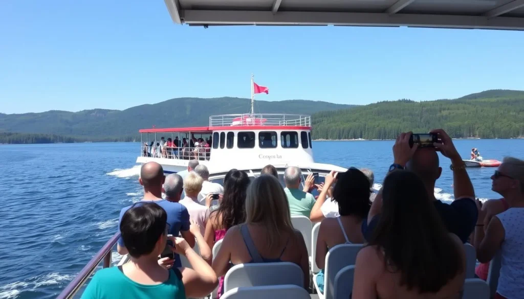 Tourist boat on a Russian lake with passengers enjoying the scenery Tourist boat on a Russian lake with passengers enjoying the scenery