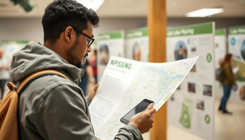 Tourist checking a Lake Nipissing area map while planning activities