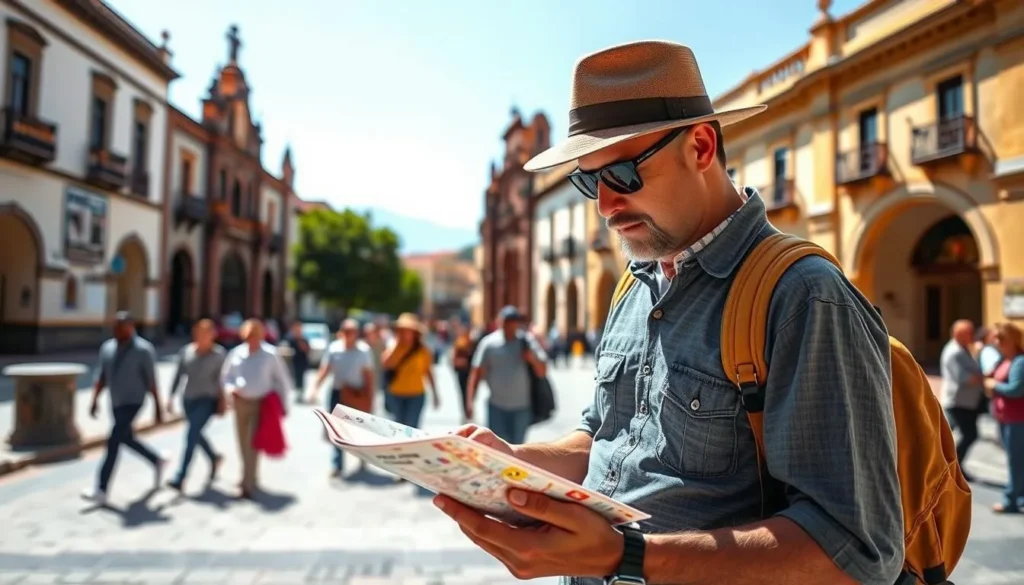 Tourist checking a map in Cochabamba city center