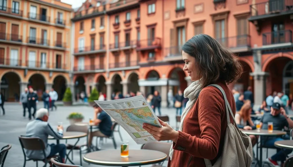 Tourist checking a map in Plaza Mayor, Madrid with historic buildings and outdoor cafes