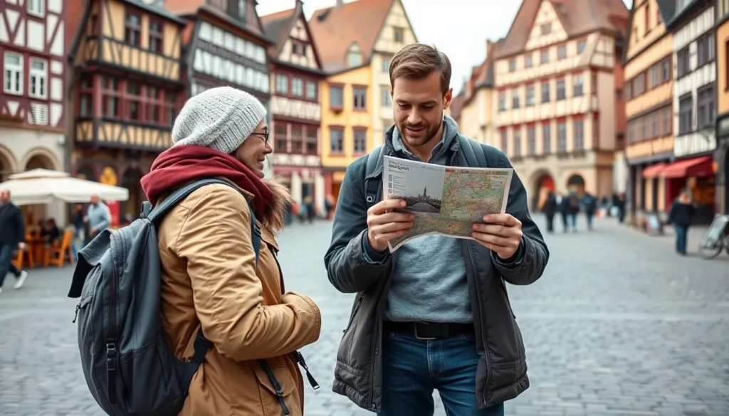 Tourist checking a map in Strasbourg with appropriate seasonal clothing and accessories