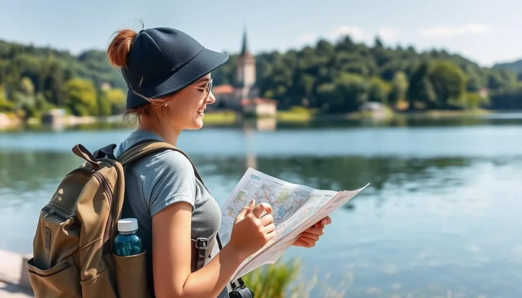 Tourist checking a map near Lake Kimry with travel essentials visible