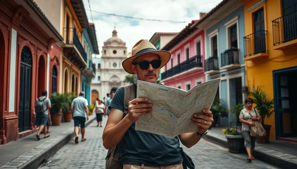 Tourist checking a map while exploring Concordia, Colombia
