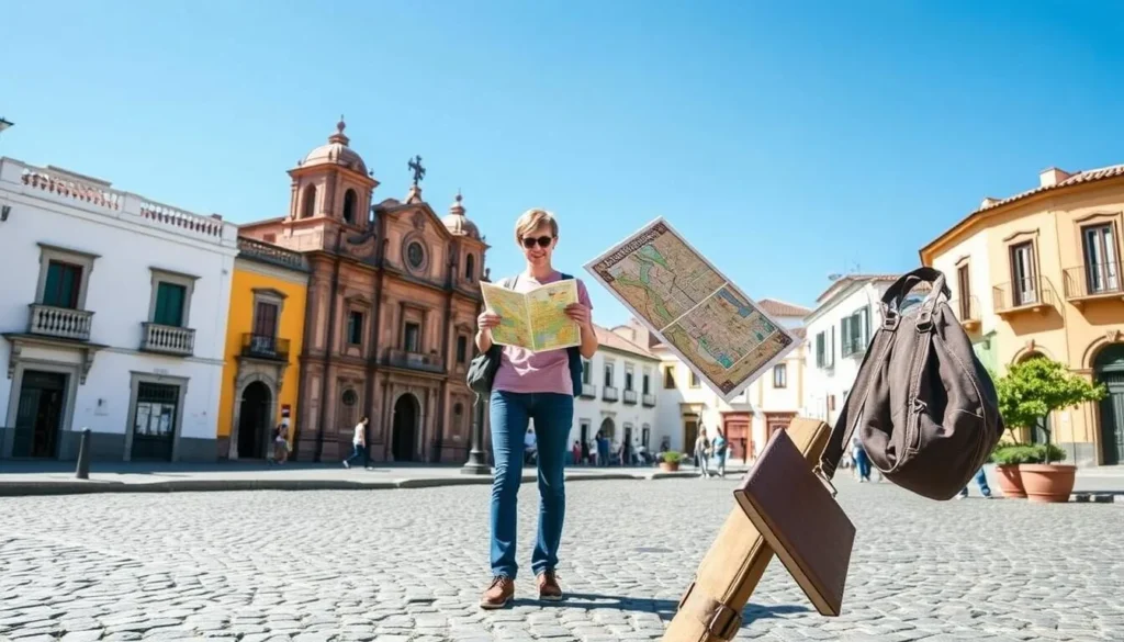 Tourist checking a map while exploring Ouro Preto's historic center Tourist checking a map while exploring Ouro Preto's historic center