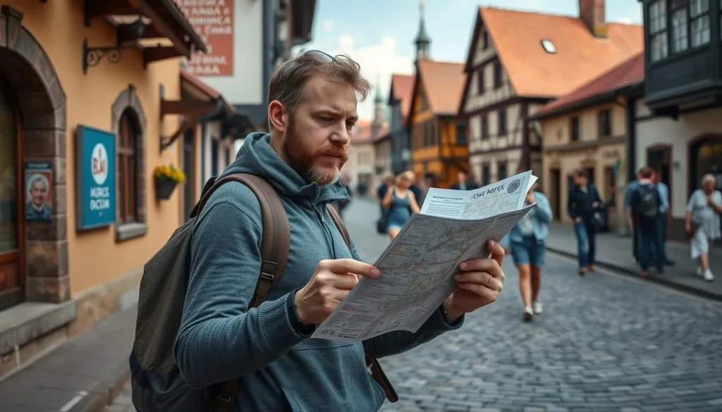Tourist checking a map while exploring a town near Lake Gorky Tourist checking a map while exploring a town near Lake Gorky