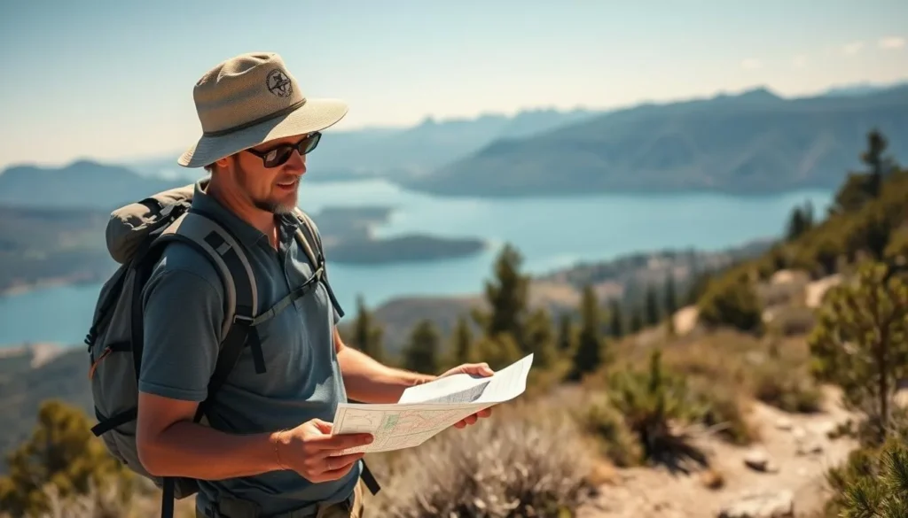 Tourist checking a map while hiking near Bariloche with lake view