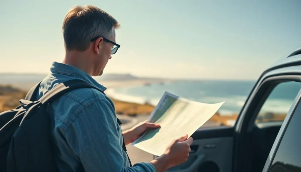 Tourist checking a map while planning their day on Kangaroo Island with coastal scenery