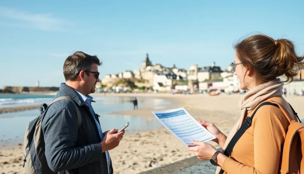 Tourist checking a tide timetable while standing on Saint-Malo's beach with the walled city in background Tourist checking a tide timetable while standing on Saint-Malo's beach with the walled city in background