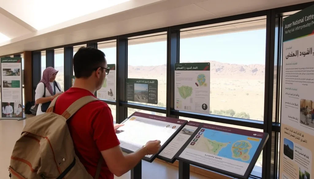 Tourist checking a trail map at an information center in Aseer National Park Tourist checking a trail map at an information center in Aseer National Park