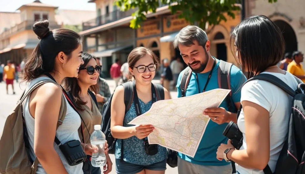 Tourist checking map while exploring Thakhek town with backpack and camera