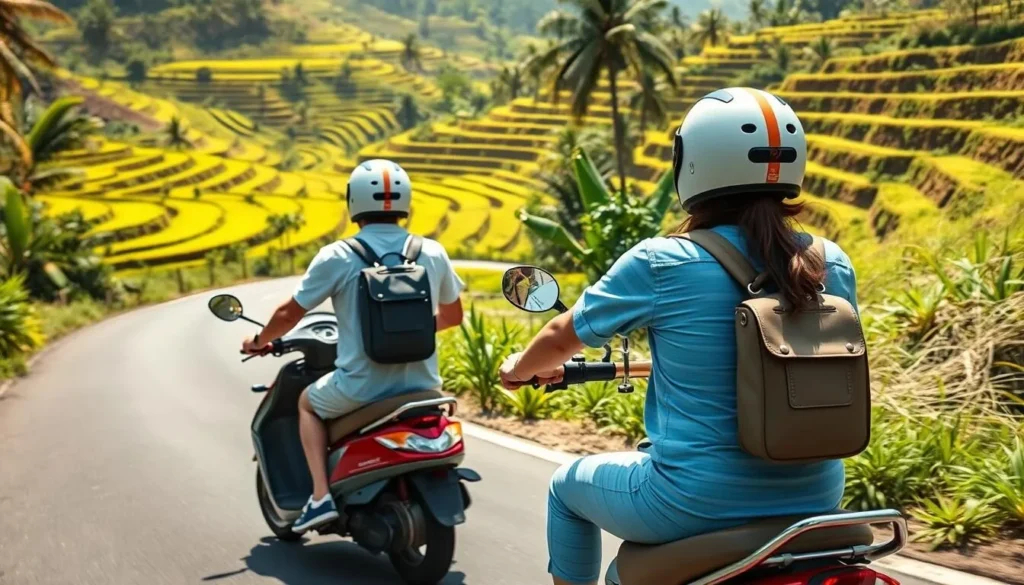 Tourist couple riding a scooter through lush Bali countryside with rice terraces in background Tourist couple riding a scooter through lush Bali countryside with rice terraces in background