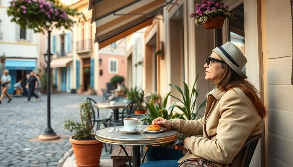 Tourist enjoying a coffee at a café terrace in Saint-Tropez old town Tourist enjoying a coffee at a café terrace in Saint-Tropez old town