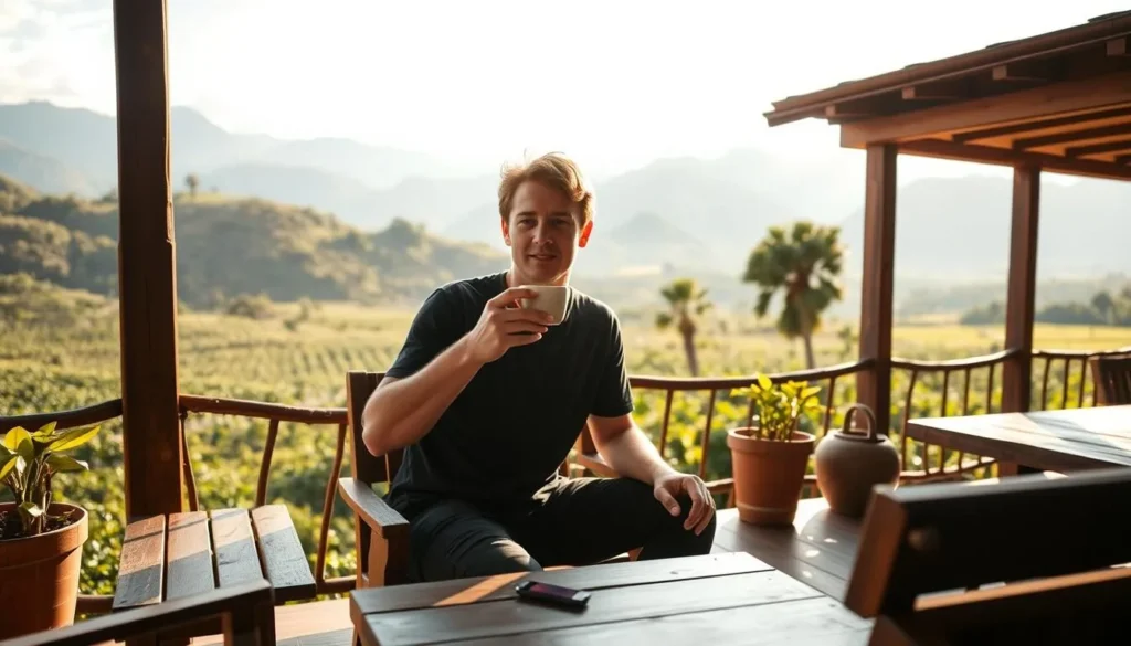 Tourist enjoying a coffee tasting session at a local finca with mountain views